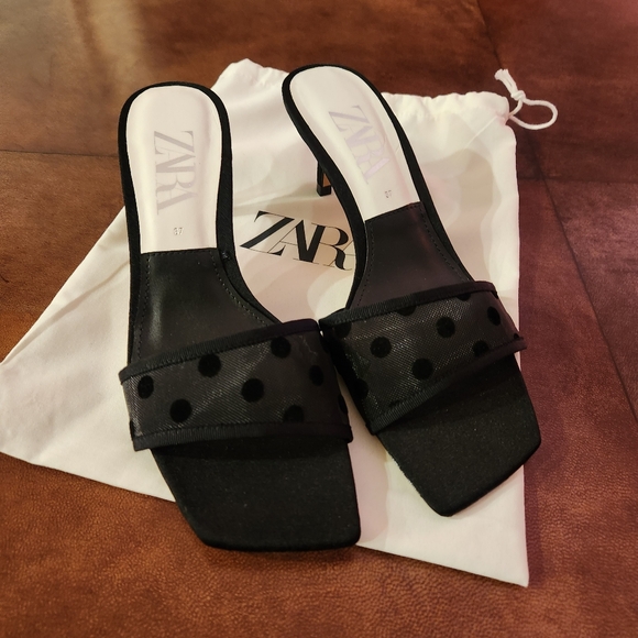 ZARA Black Mesh Heeled Party Sandals Slides 37 NEW 6.5 - Picture 2 of 14